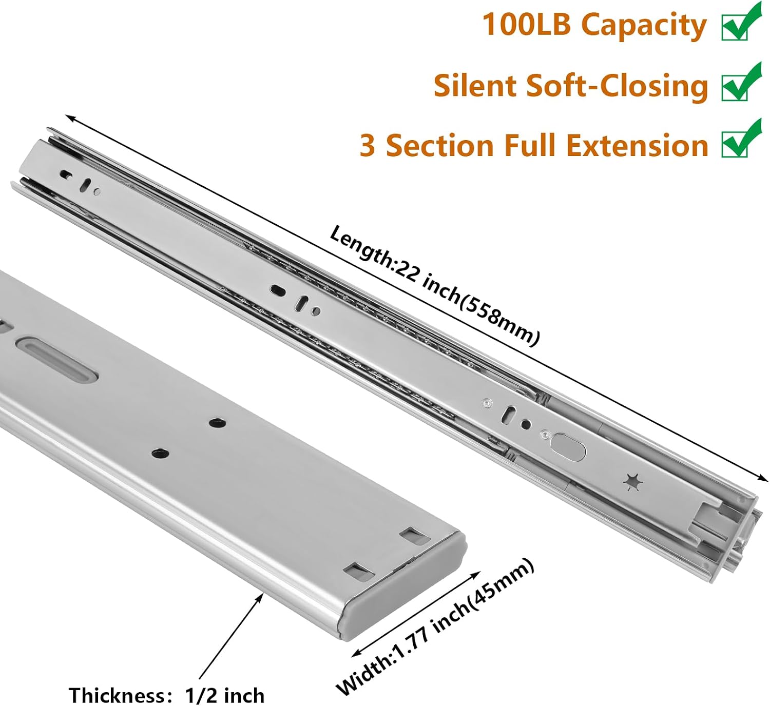 22 Inch Side Mount Soft Close  - Drawer Slide Pair 评论和价格